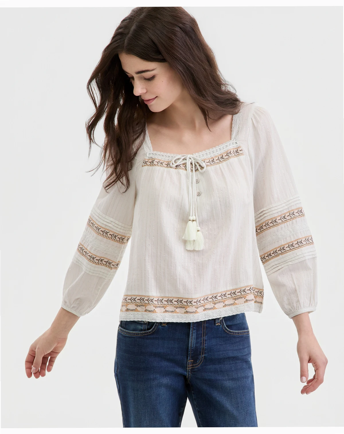 Women's Embroidered Square-Neck Peasant Top