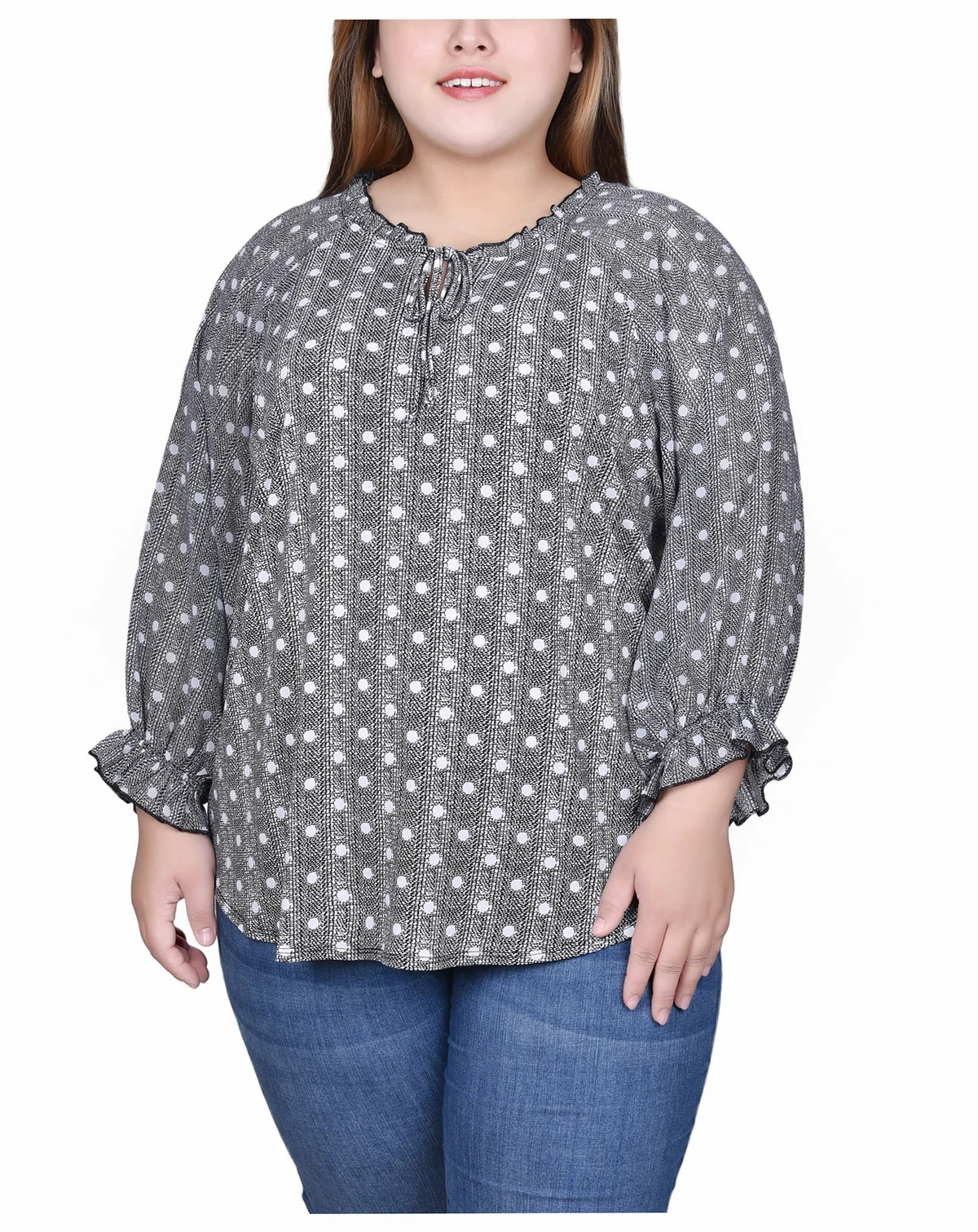 Plus Size 3/4 Sleeve Ruffle Neck Top