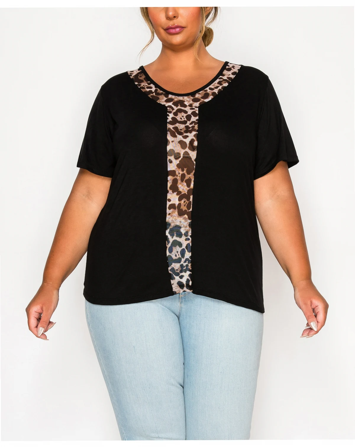 Plus Size Leopard Print Mesh Inset Short Sleeve Top