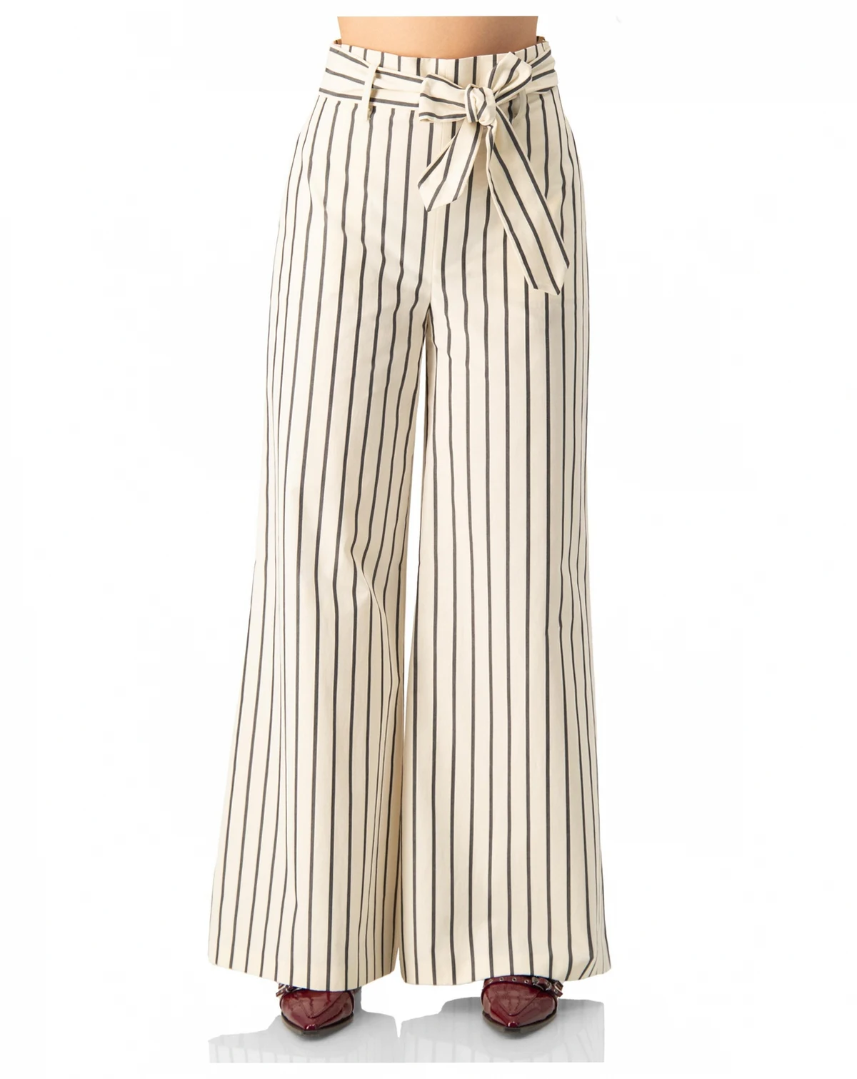 Women's Striped Bow-Belted Wide-Leg Trousers
