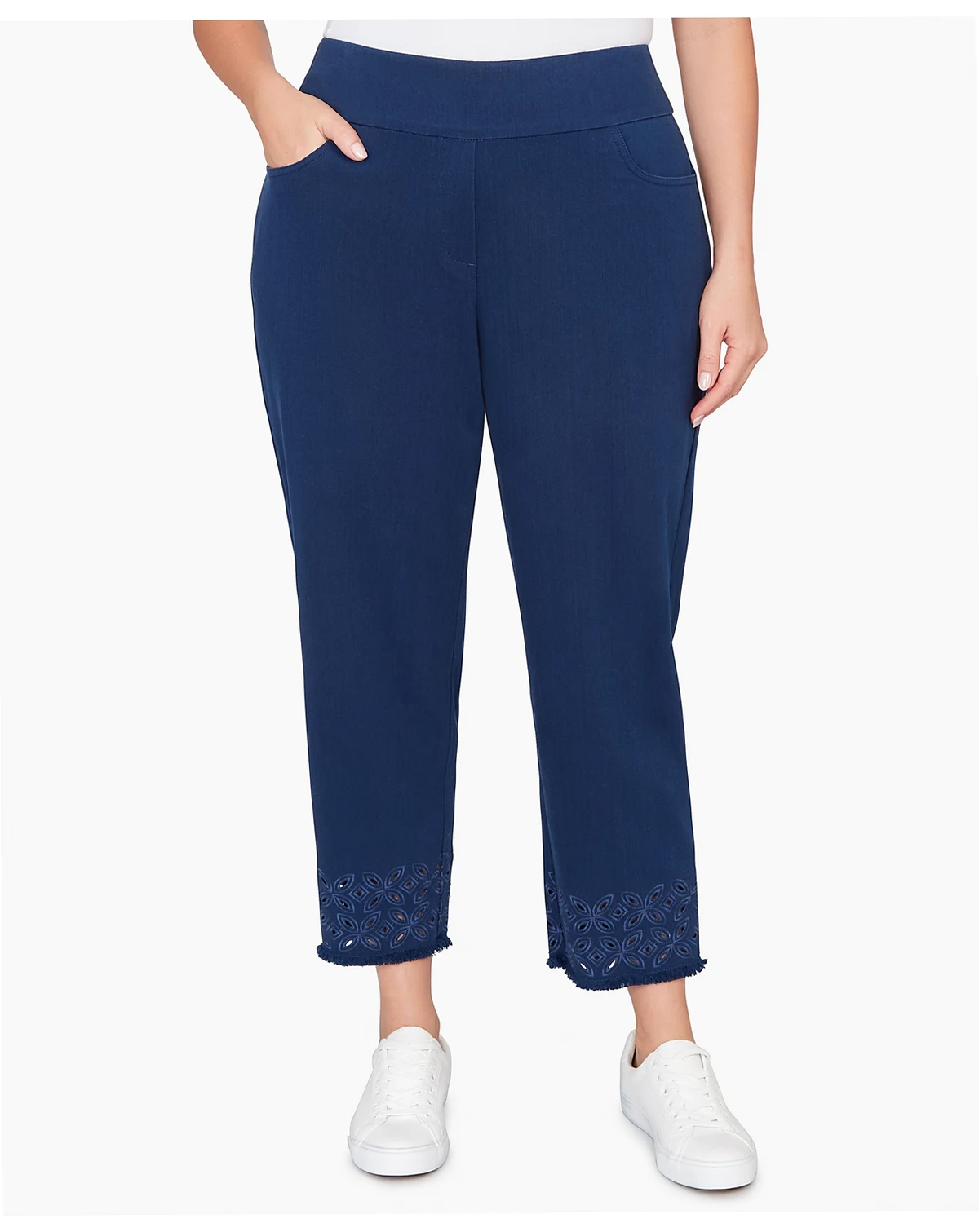 Plus Size Mykonos Geometric Embroidered Super Stretch Denim Ankle Pants