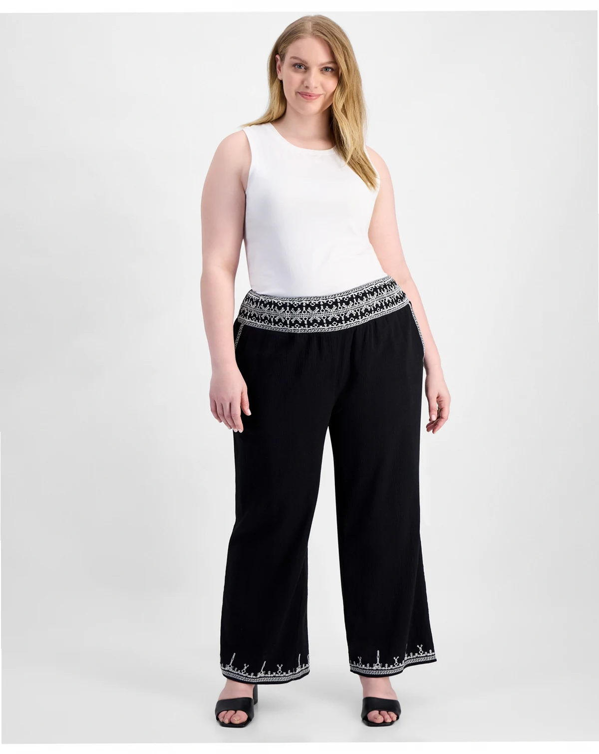 Trendy Plus Size Embroidered Cotton Wide Leg Pants, Macy's Exclusive