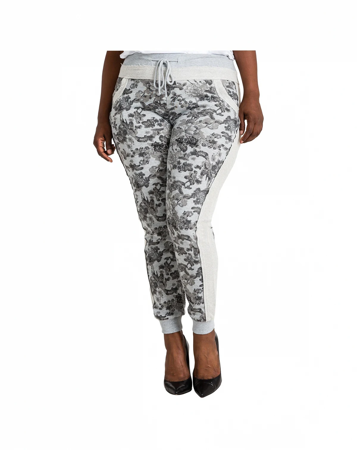 Plus Size Curvy Grey French Terry Floral Jogger Pants