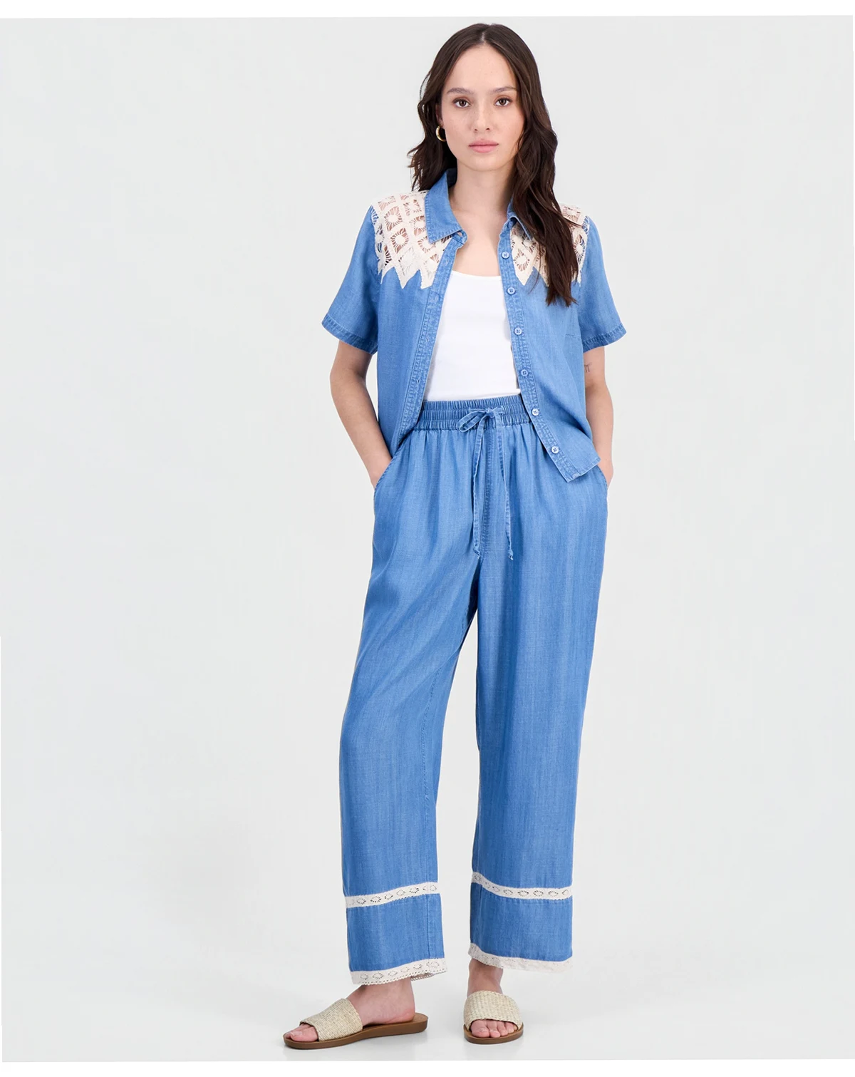 Petite Crochet-Inset Chambray Drawstring Pants, Macy's Exclusive