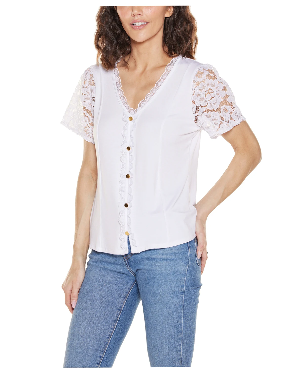 Women's Crochet Lace Sleeve V-Neck Top