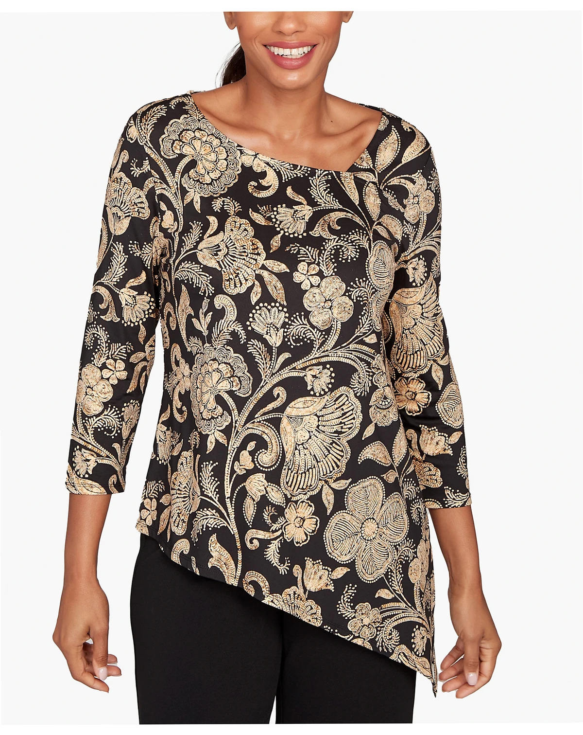 Petite Gold Foil Floral Printed Knit Top