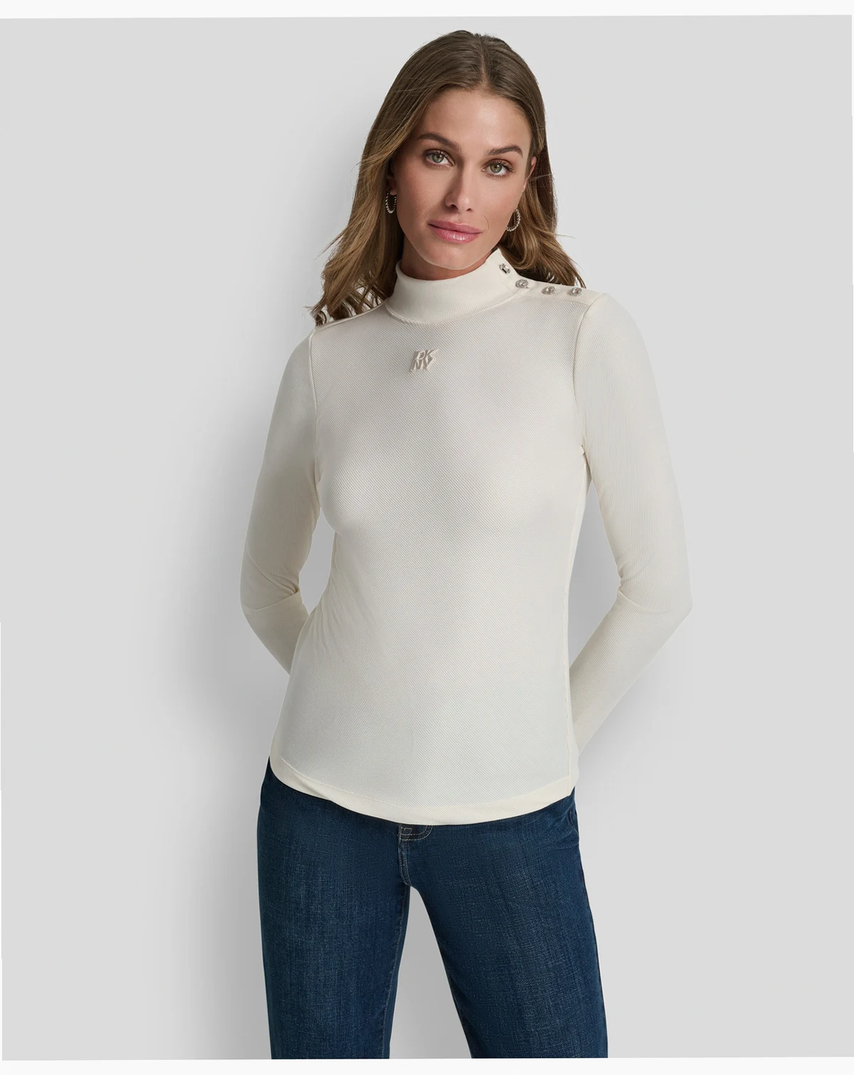 Women's Jewel Button Shoulder Mock Neck Long-Sleeve T-Shirt