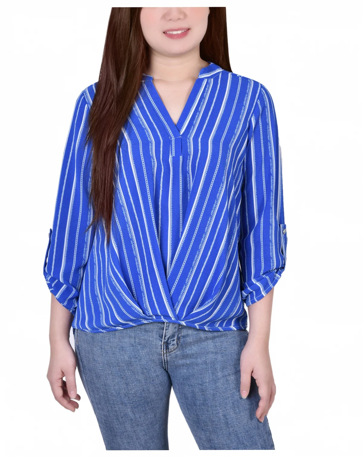 Petite Size 3/4 Push Tab Mandarin Collar Blouse with Front Pleats