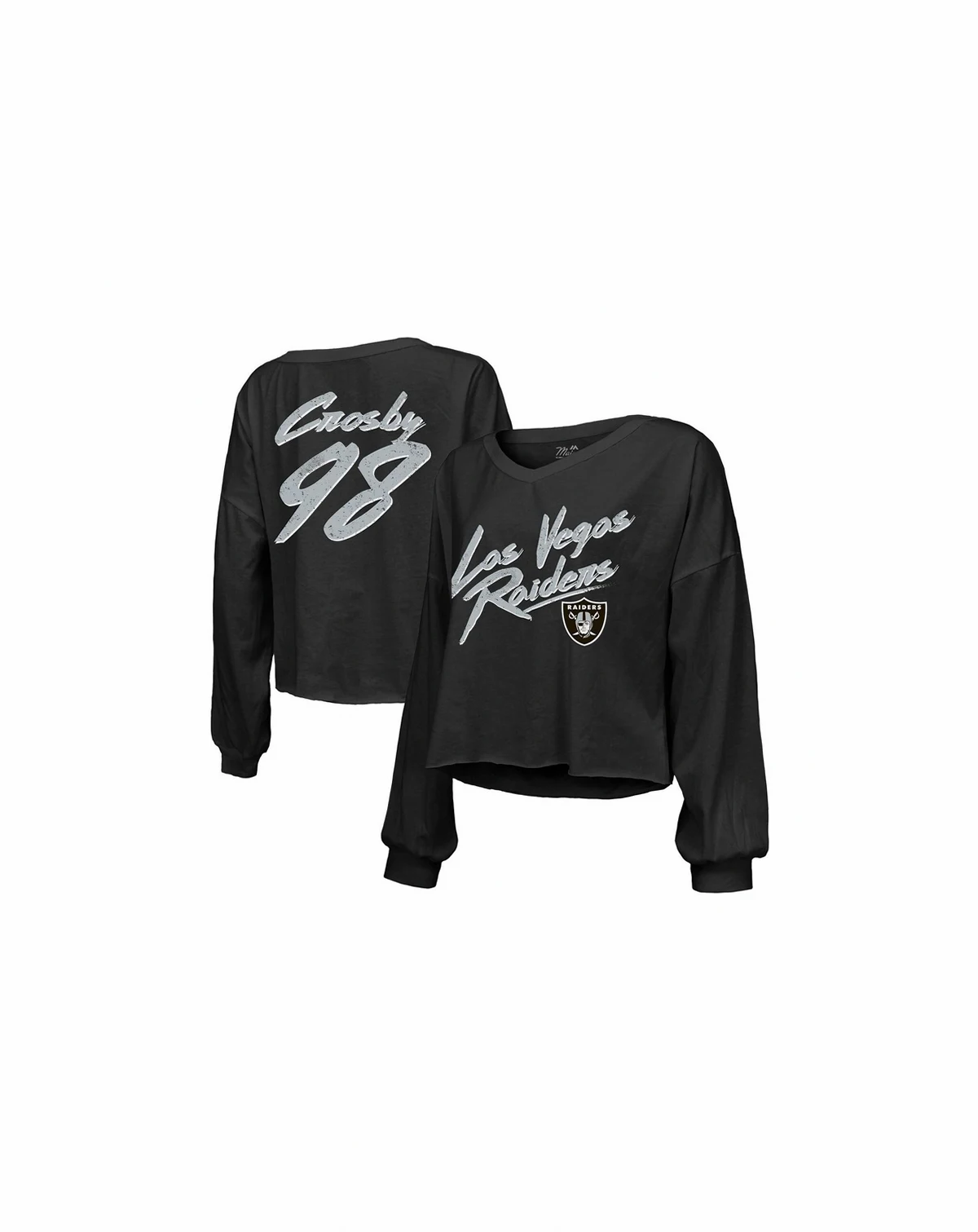 Women's Maxx Crosby Black Las Vegas Raiders Off-Shoulder Script Player Name Number Cropped Long Sleeve V-Neck T-Shirt