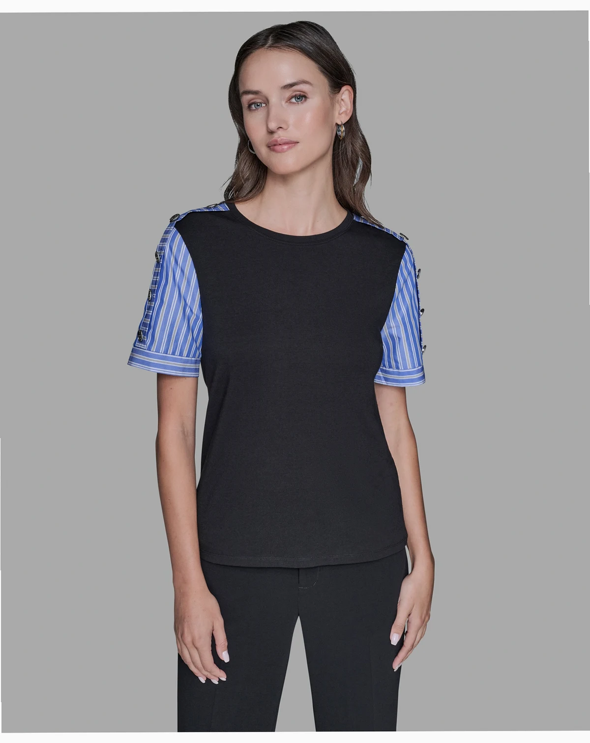 Women's Pinstripe-Sleeve Pull-On Blouse