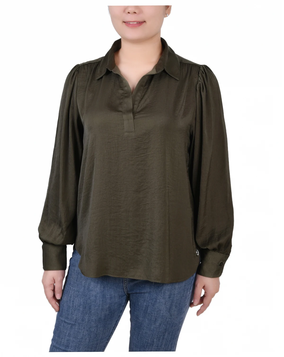 Women's Long Puff Sleeve Satin Blouse