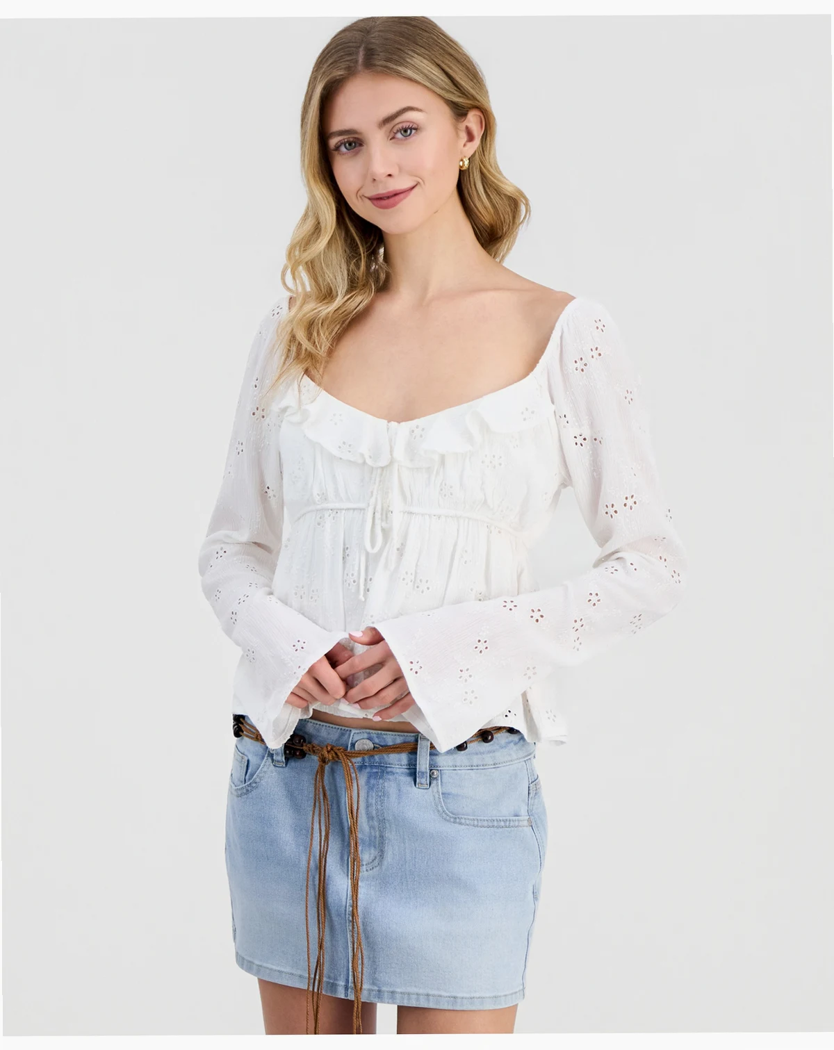 Juniors' Long-Sleeve Eyelet Woven Top