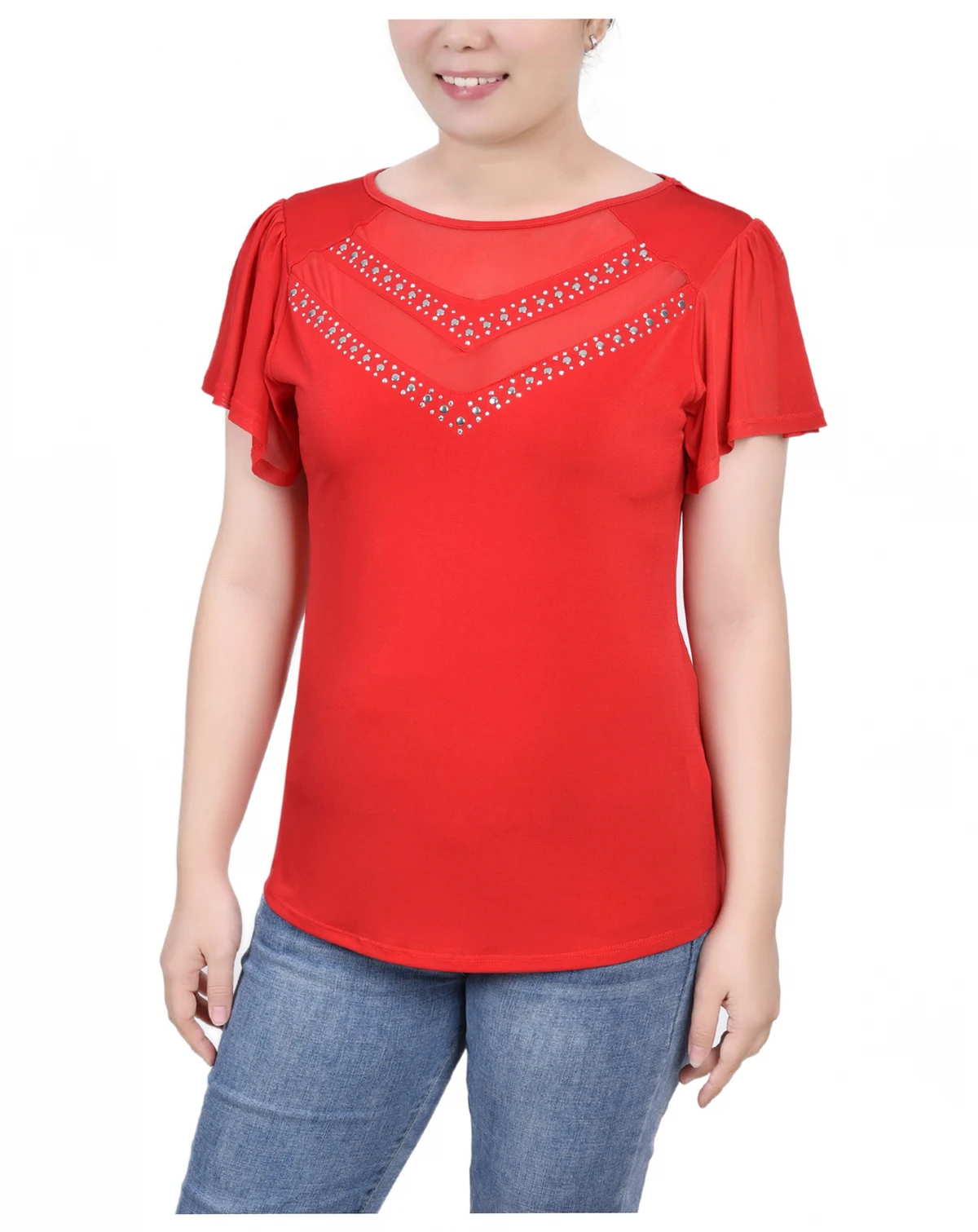 Petite Studded Short Flutter Sleeve Top