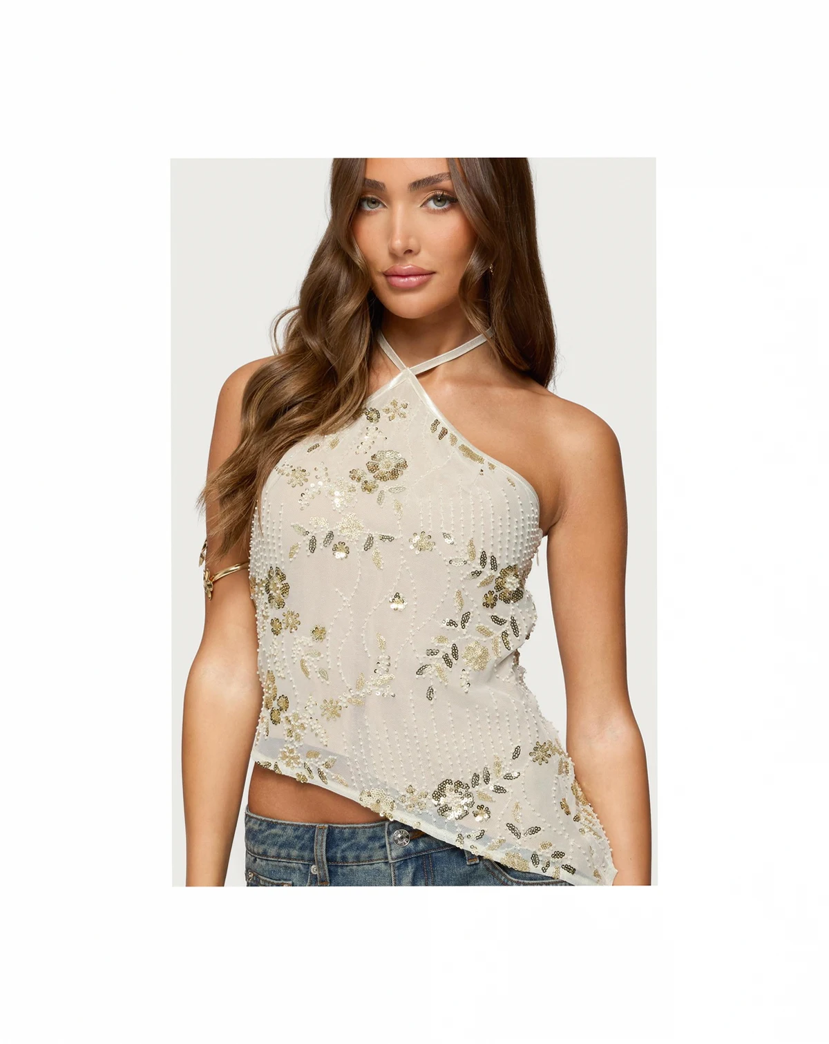Womens Beaded Sequin Asymmetric Halter Top