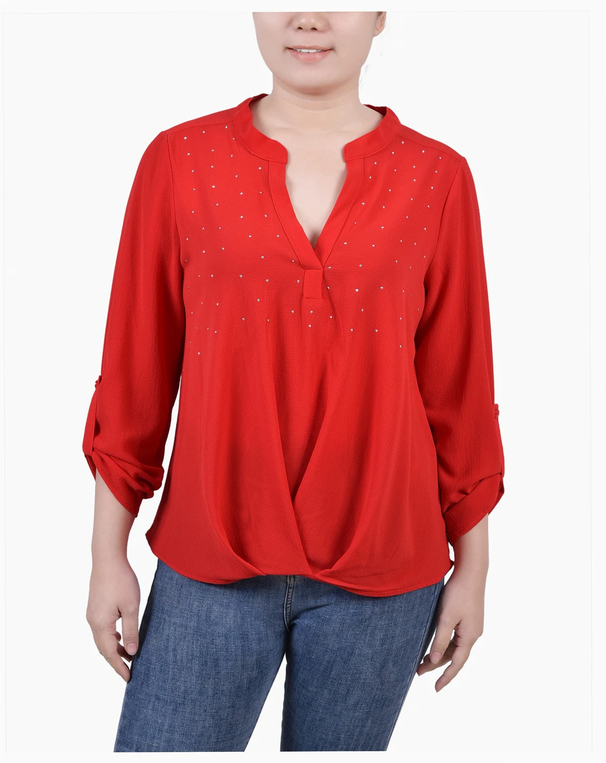 Petite 3/4 Sleeve Mandarin Collar Blouse with Front Pleats