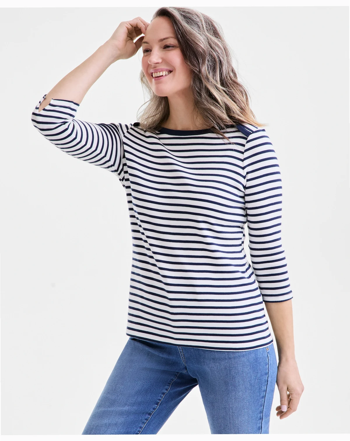 Petite Pima Cotton Striped Boat-Neck 3/4-Sleeve Top, Exclusively at Macy's