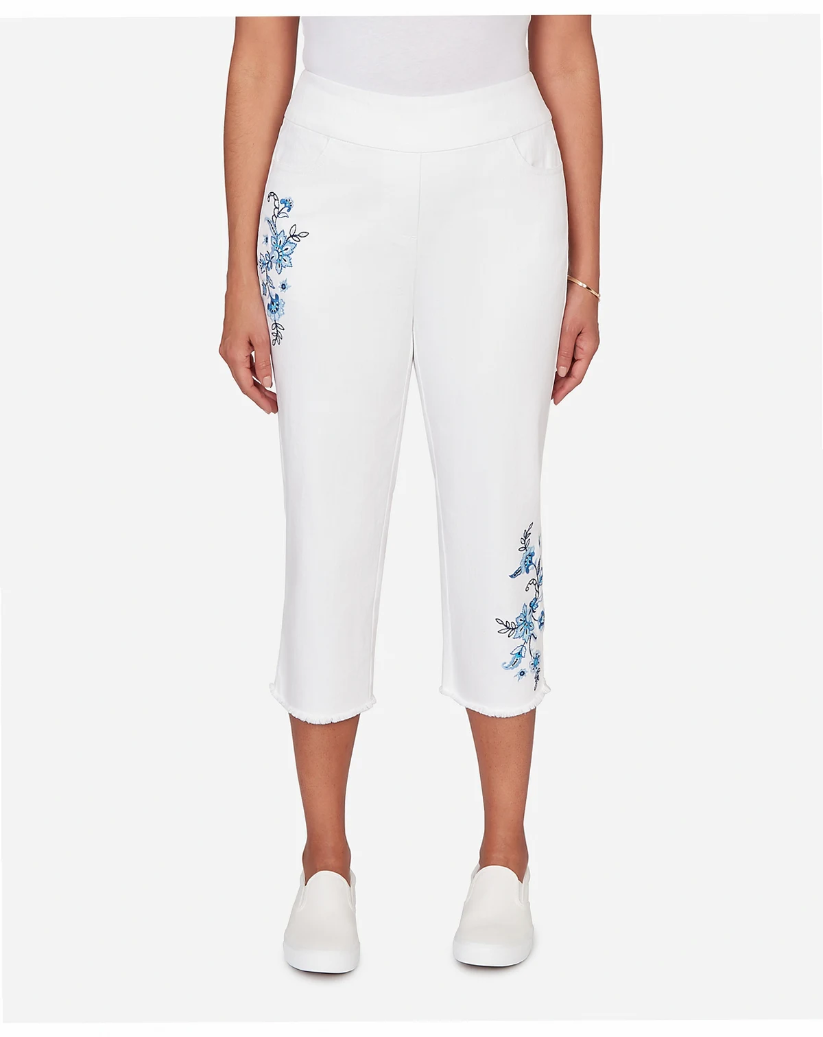 Plus Size Mykonos Floral Embroidered Fringe Super Stretch Denim Capri Pants