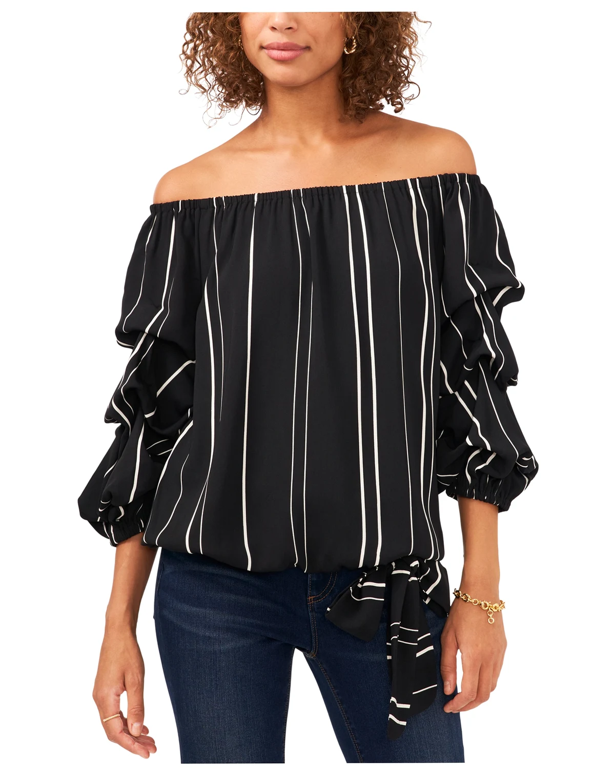Women's Striped Off-The-Shoulder Bubble 3/4-Sleeve Tie-Front Blouse