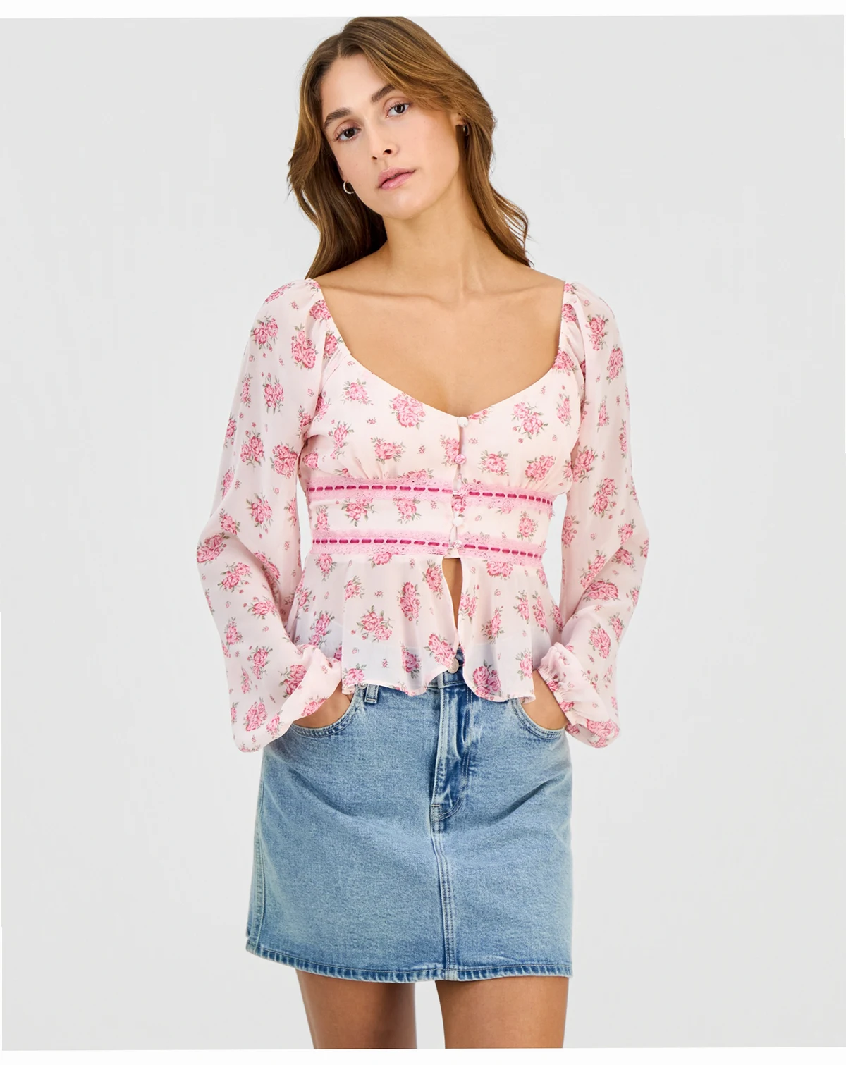 Juniors' Long Sleeve Button-Front Blouse