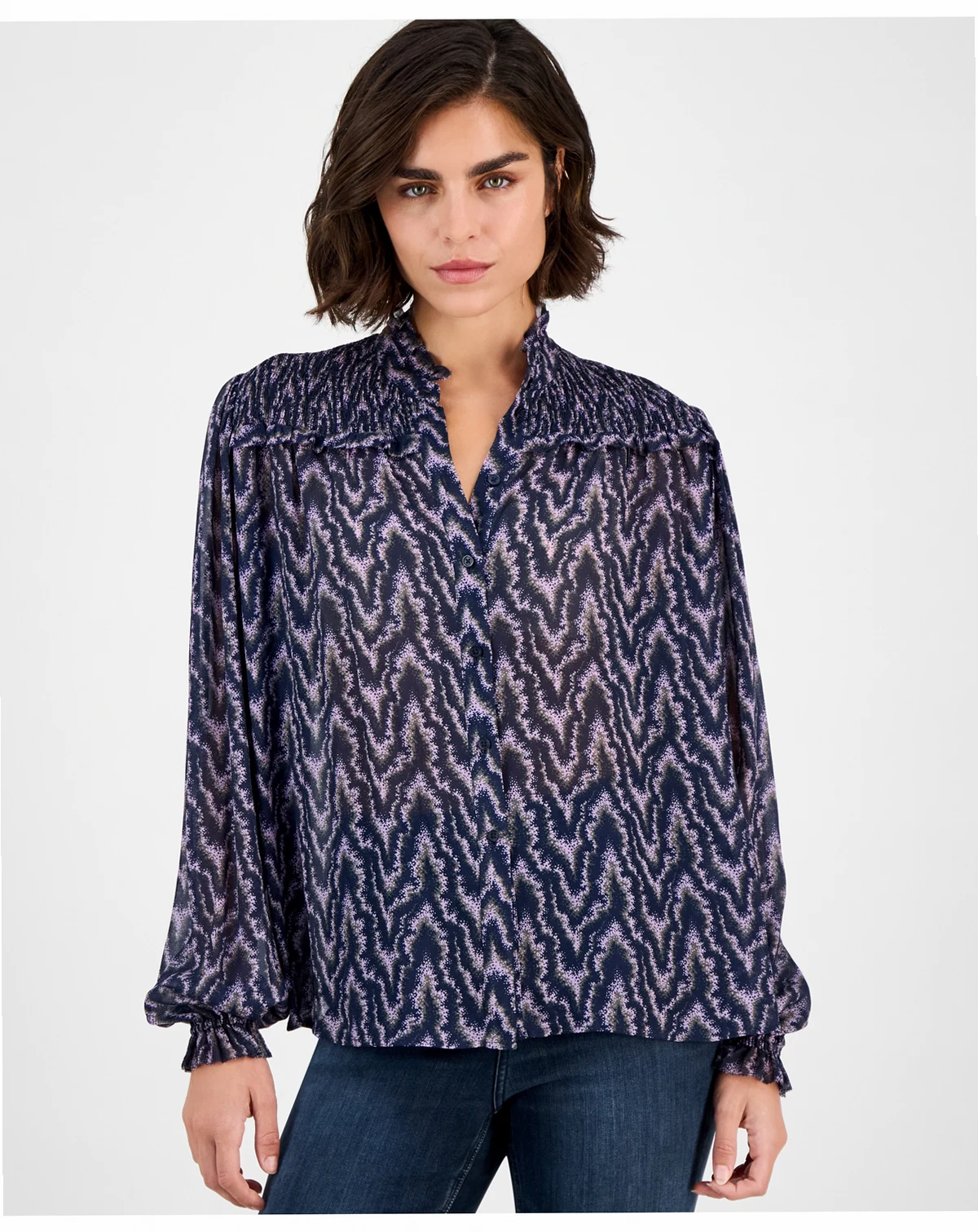 Women's Smocked Mock Neck Blouse