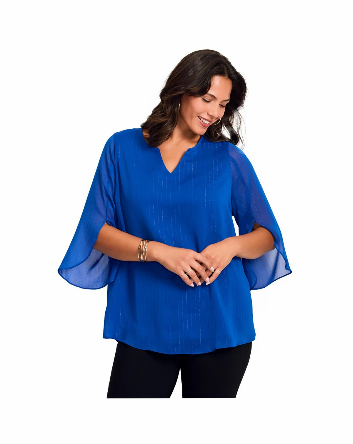Women's Lurex Stripe Tulip Sleeve Blouse