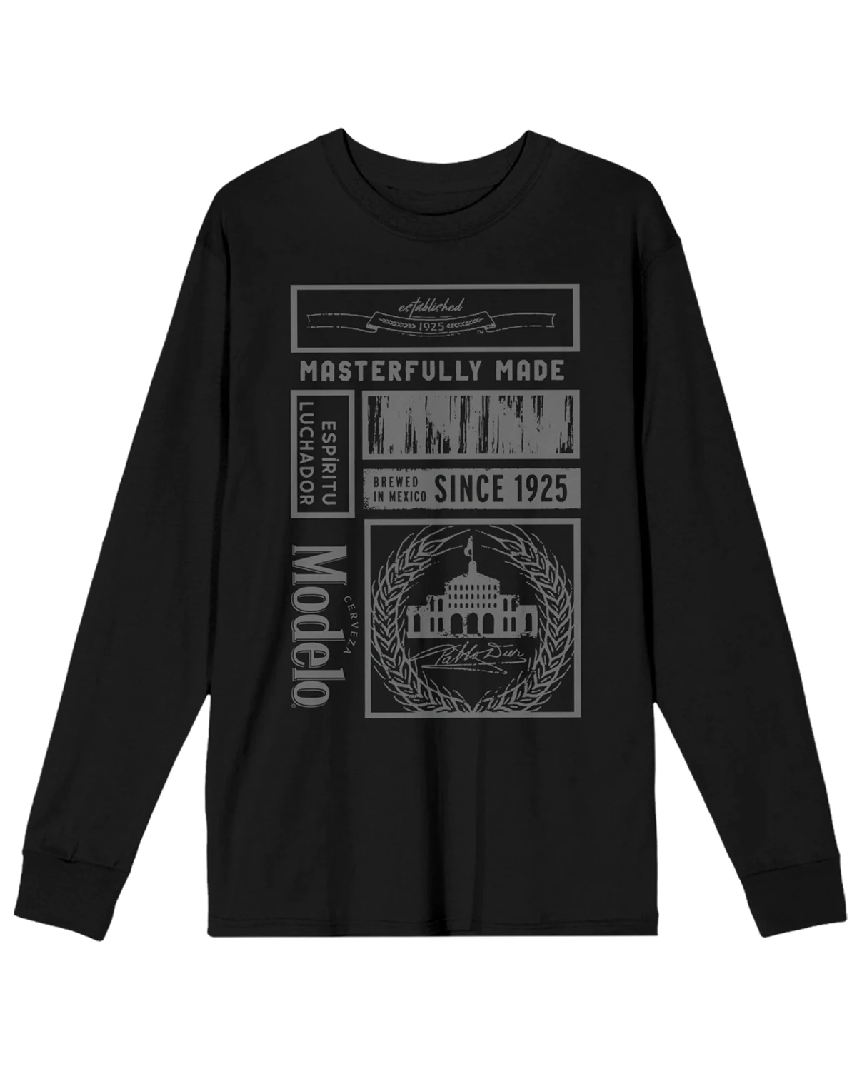 Men's Masterfully Made Label Collage Crew Neck Long Sleeve Black Adult Tee-Large