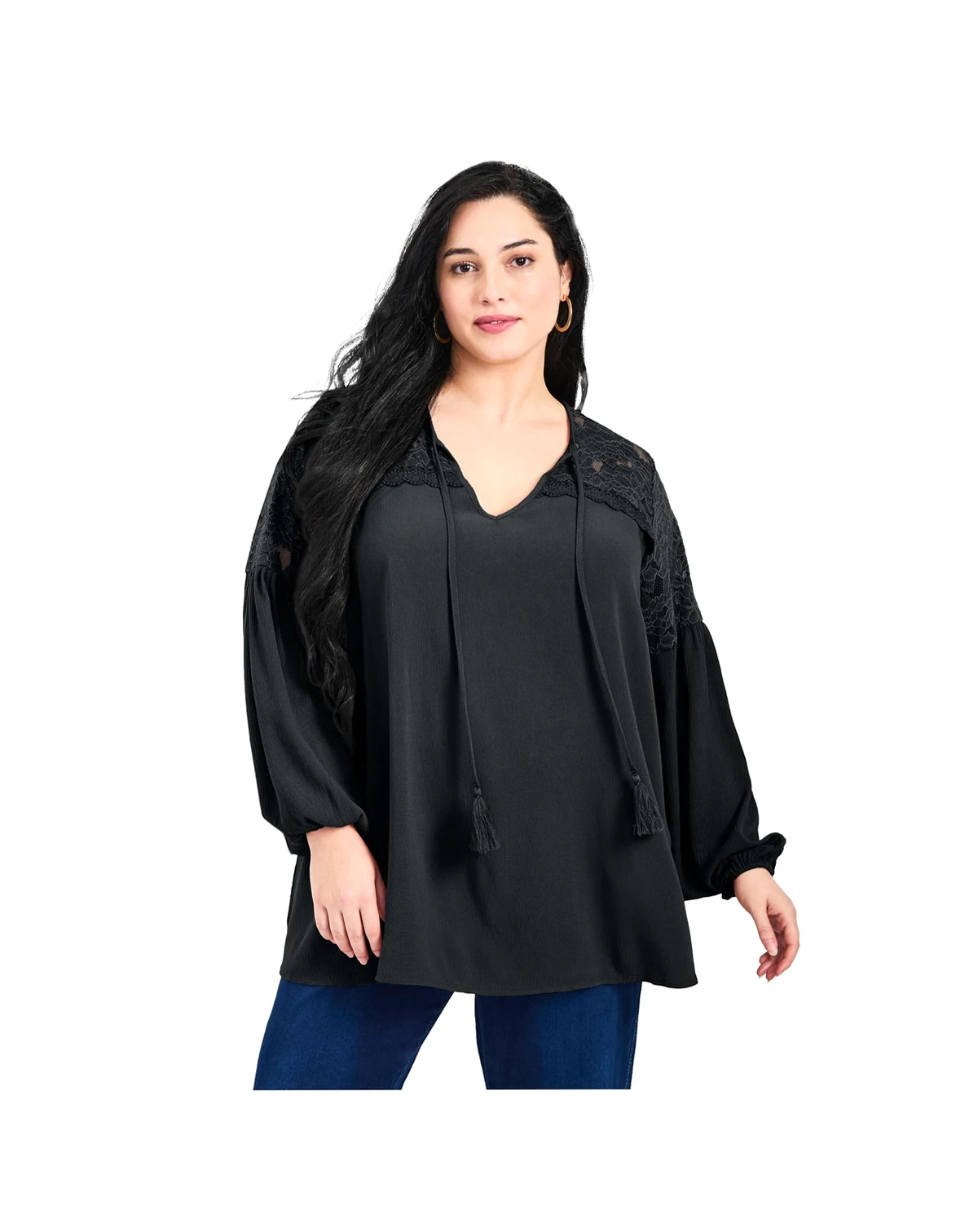 Women's Plus Size Marcie Lace Yoke Long Sleeve Top