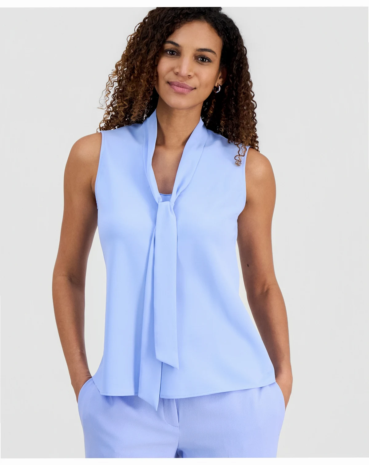 Women's Solid Sleeveless Tie-Neck Blouse, Regular & Petite