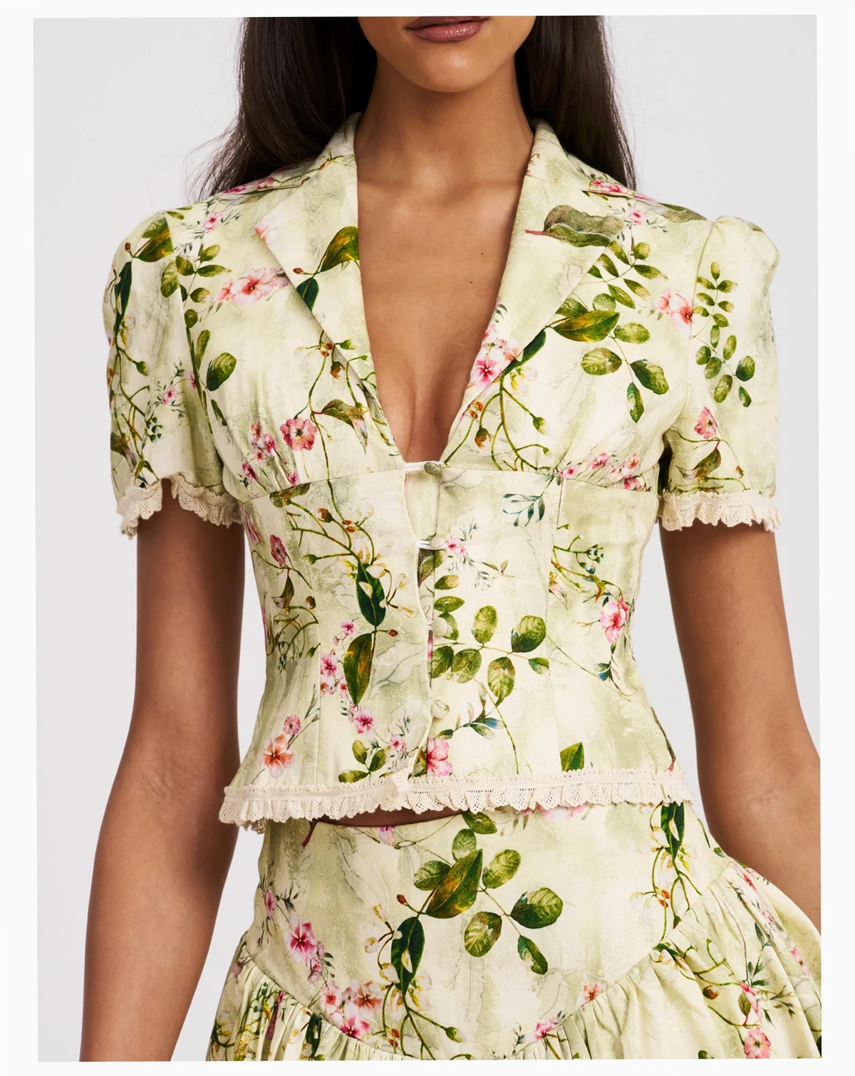 Women Zanella Green Floral Print Lace Trim Linen Top