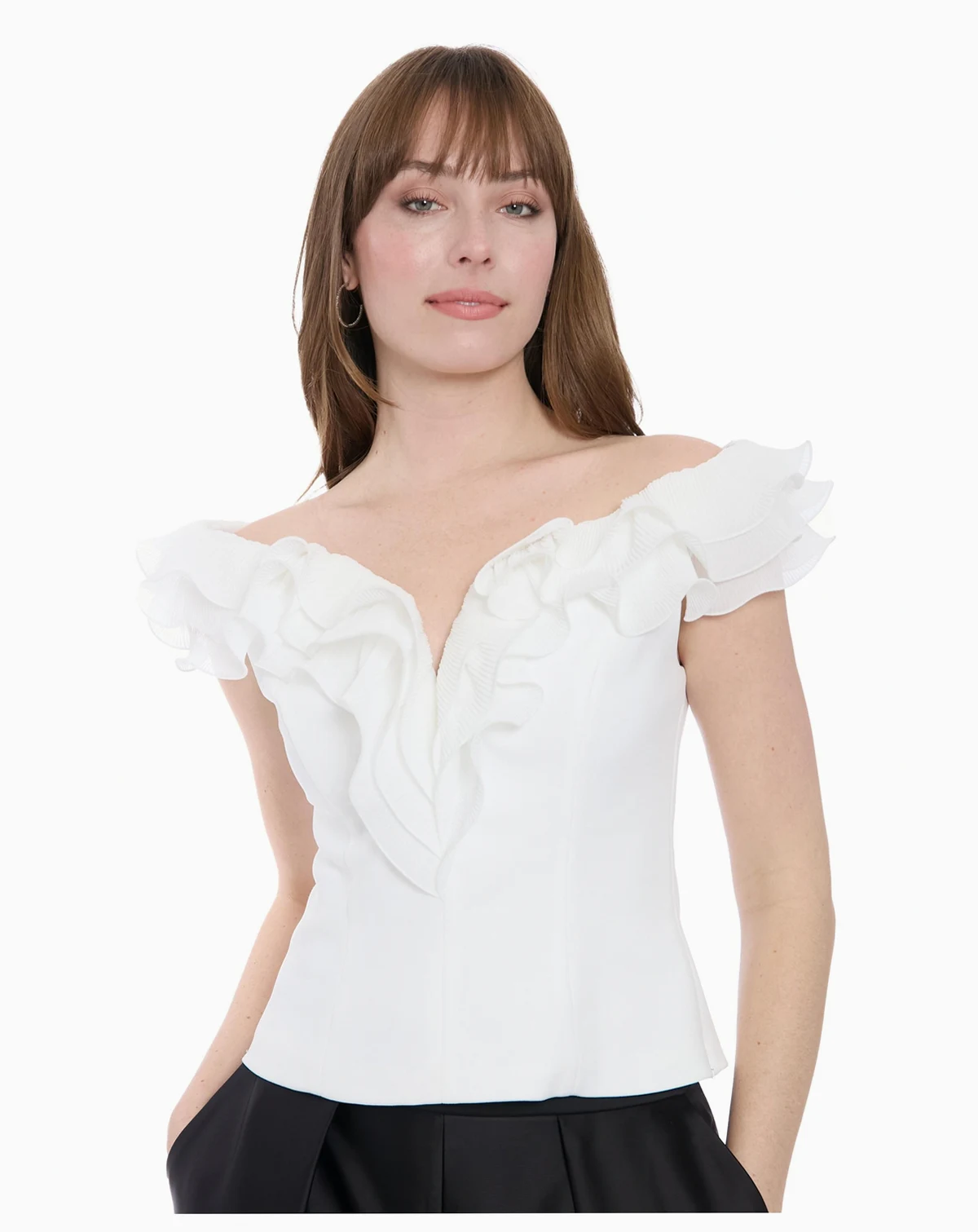 Women's Scuba Crepe Ruffled-Neckline Top