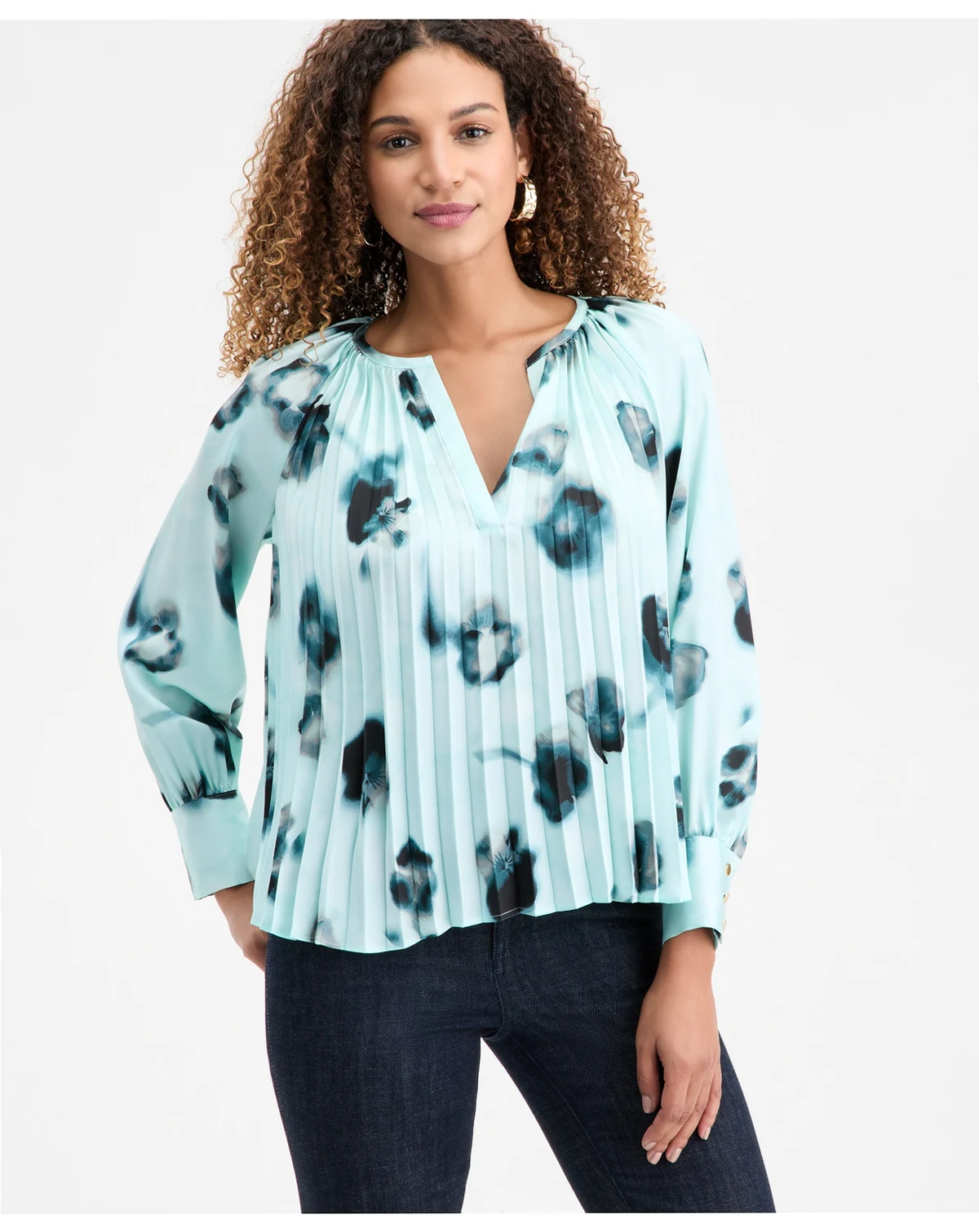I.N.C. Concepts Women's Long Sleeve Printed Pleated Blouse, Macy's Exclusive