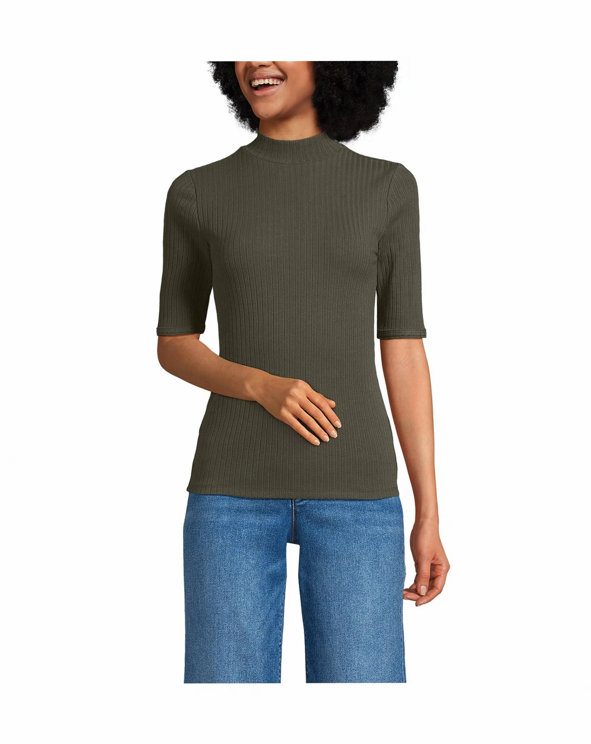 Women's Elbow Sleeve Pointelle Rib Mock Neck