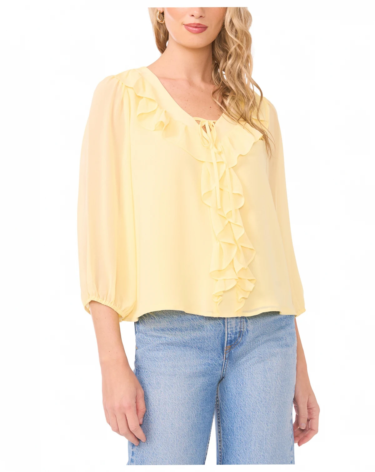 Women's Double Ruffle Tie V-Neck Blouse