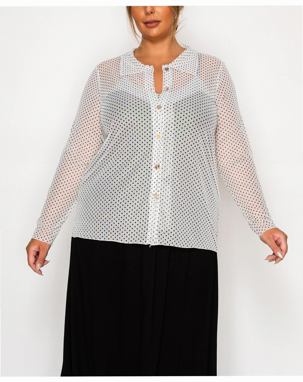 Plus Size Dot Mesh Button Front Long Sleeve Top