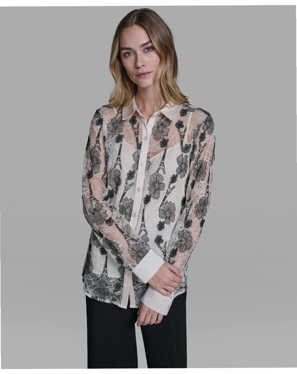 Women's Paris Lace Print Collared Top