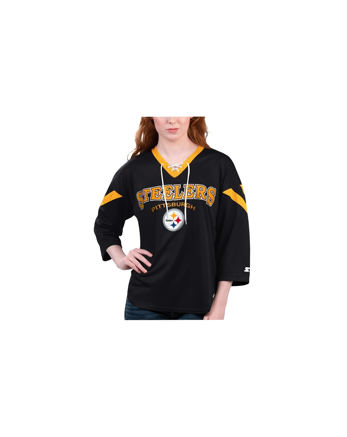 Women's Black Pittsburgh Steelers Rally Lace-Up 3/4 Sleeve T-shirt