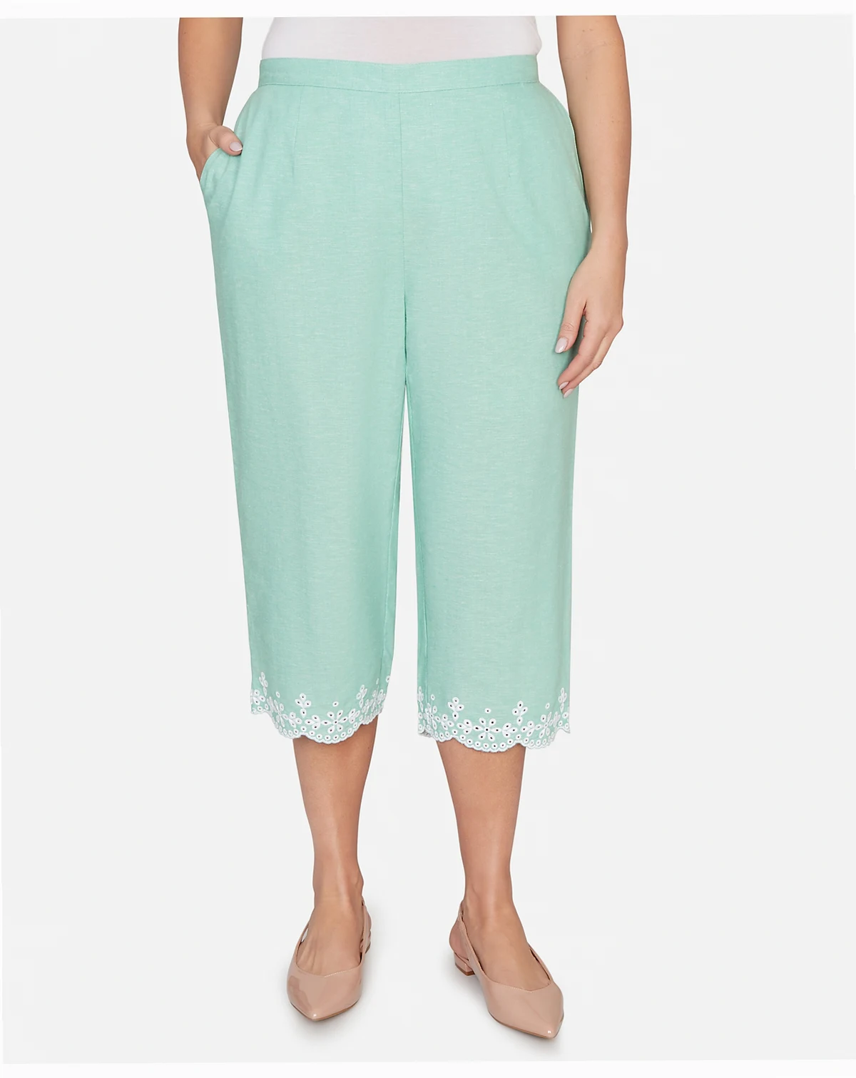 Plus Size Caribbean Blues Eyelet Embroidered Cuff Capri Pants