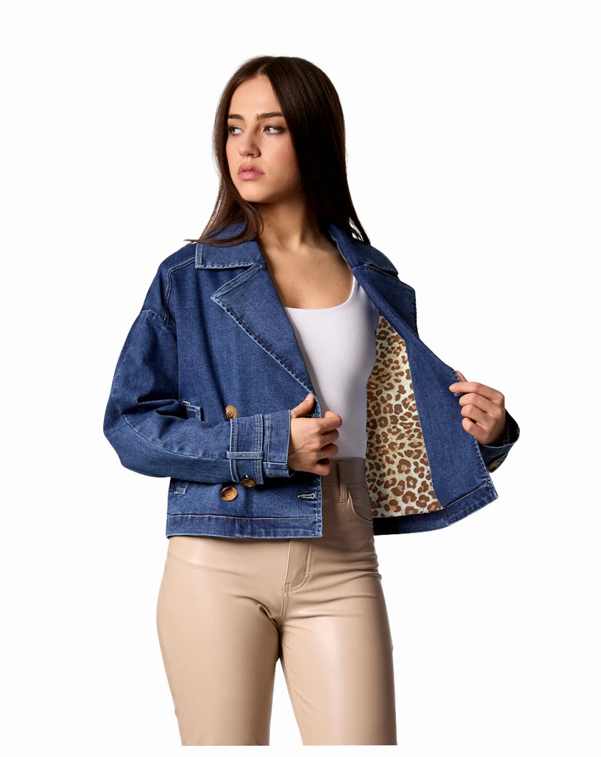 Women's Cropped Denim Double-Breasted Trench Jacket