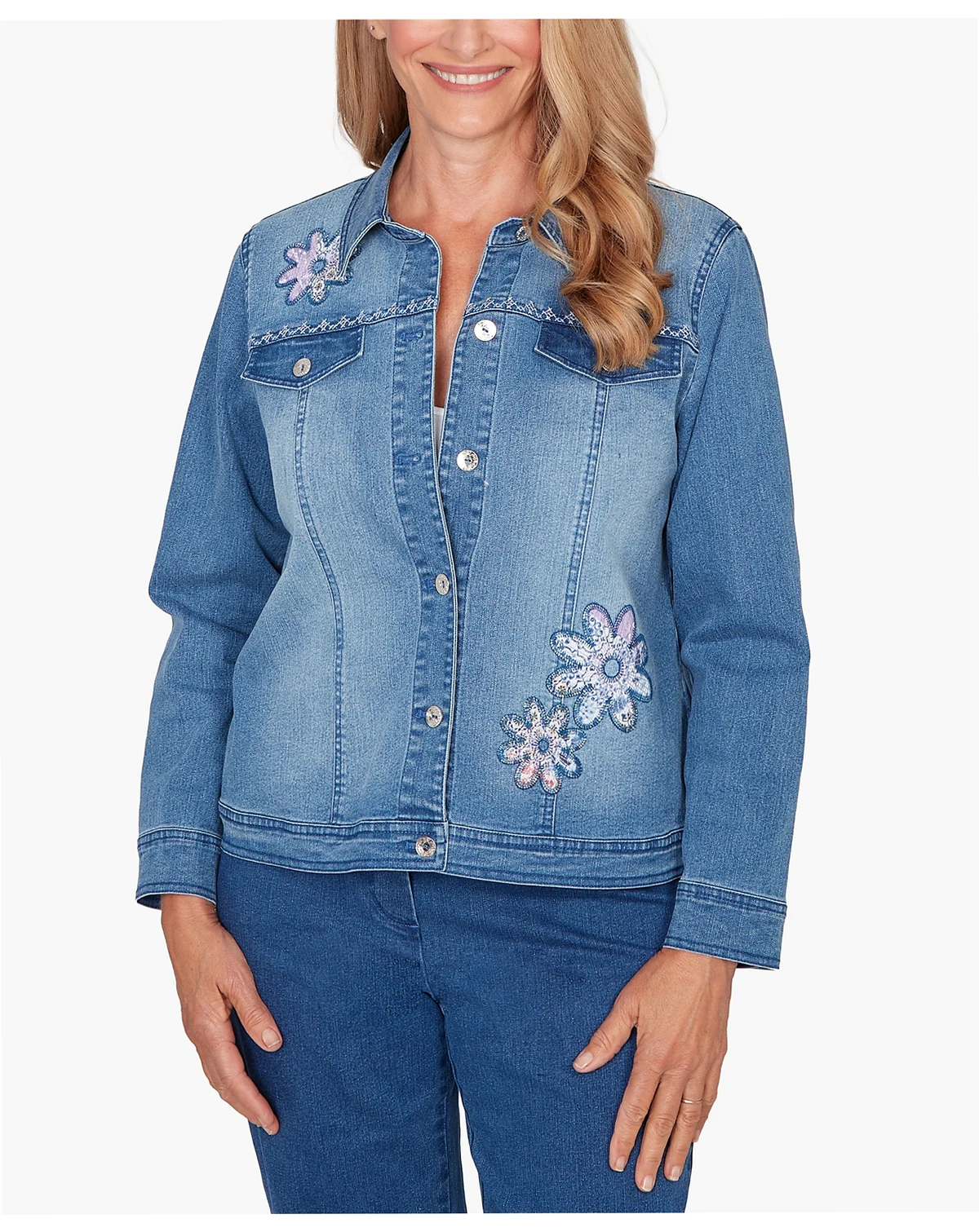 Plus Size Hilton Head Floral Applique Detail Light Denim Jacket