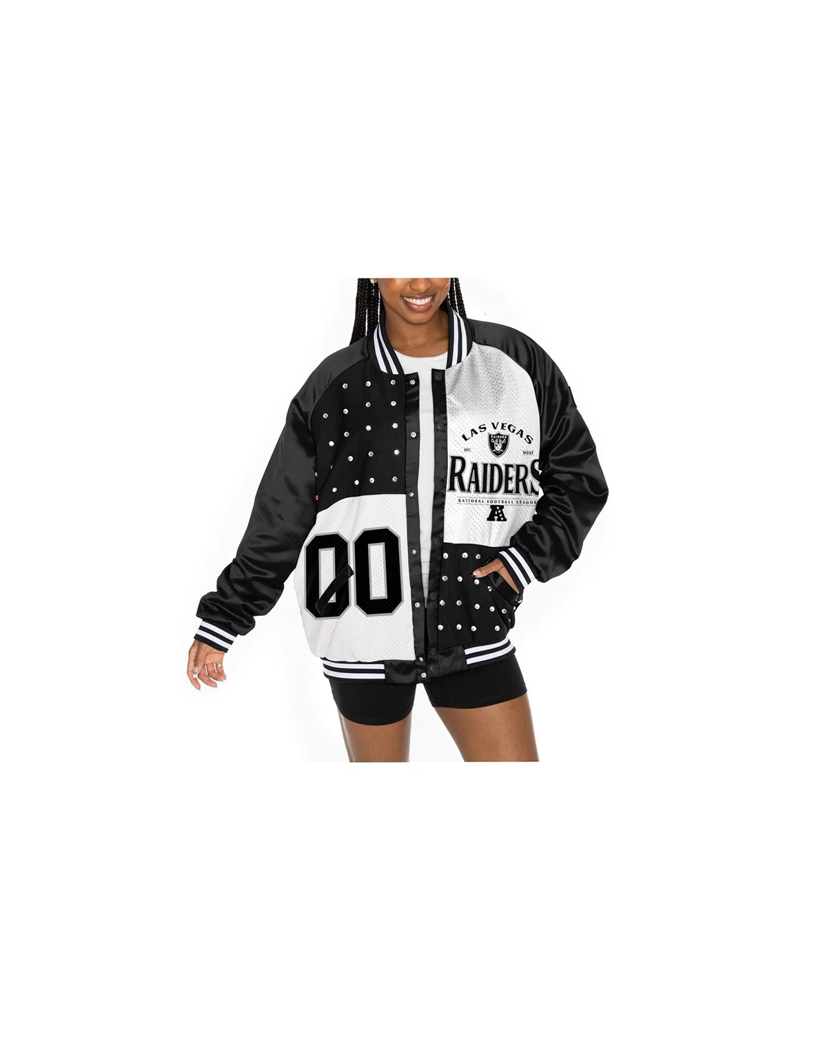 Women's Black/White Las Vegas Raiders Oversized Hot Shot Rhinestone Throwback Full-Snap Varsity Bomber Jacket