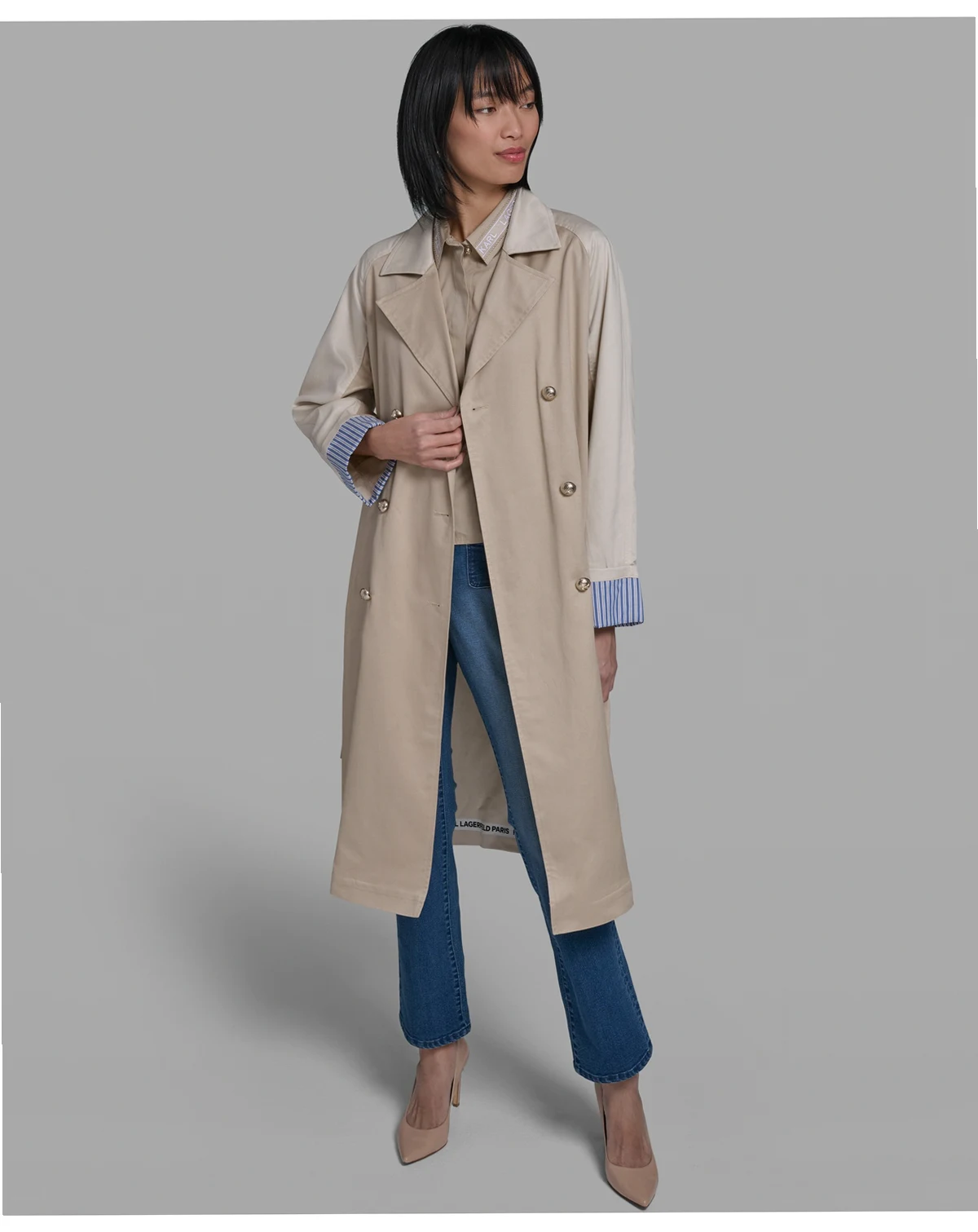 Women's Color Block Collared Trench Coat