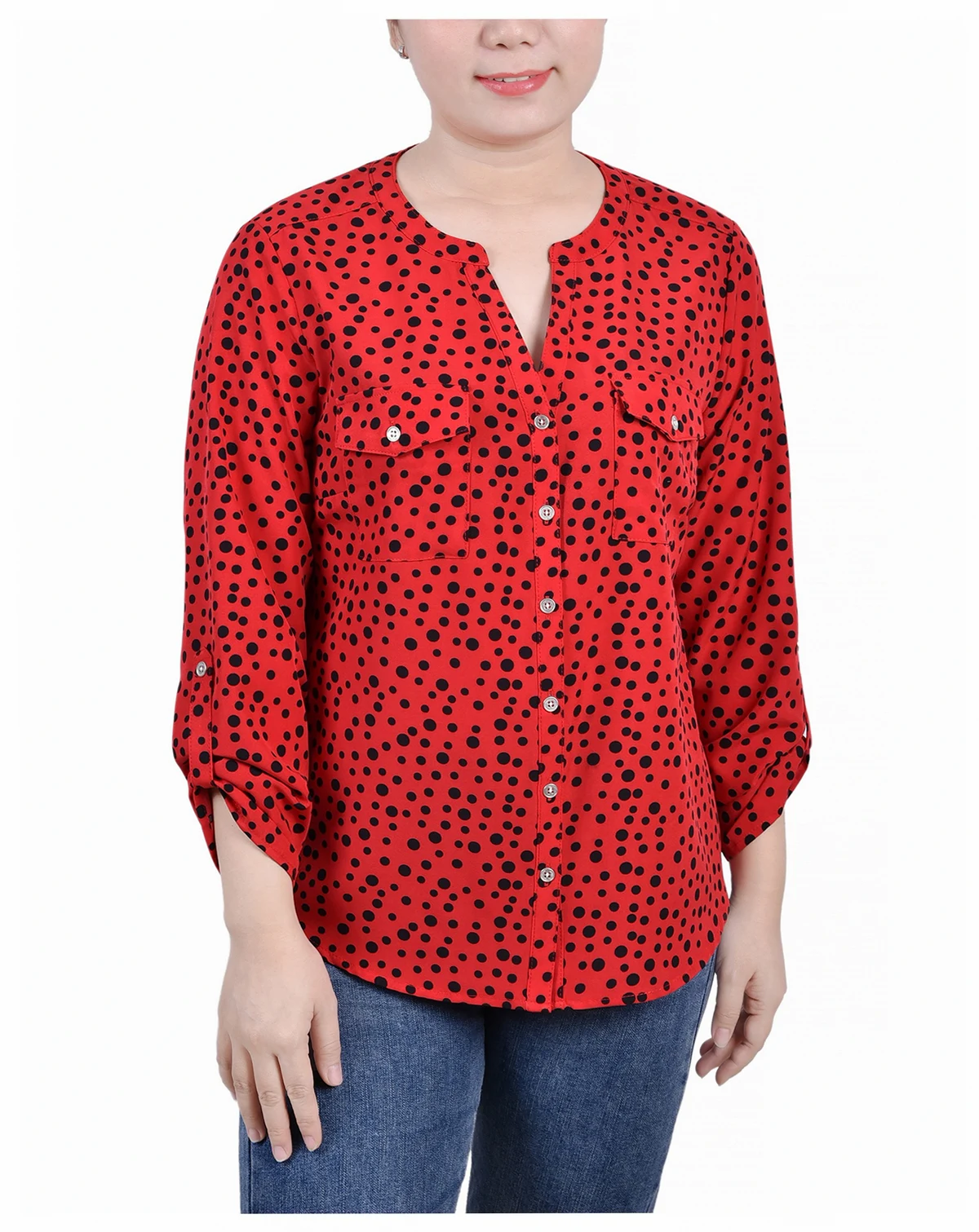 Petite 3/4 Sleeve Roll Tab Y Neck Blouse