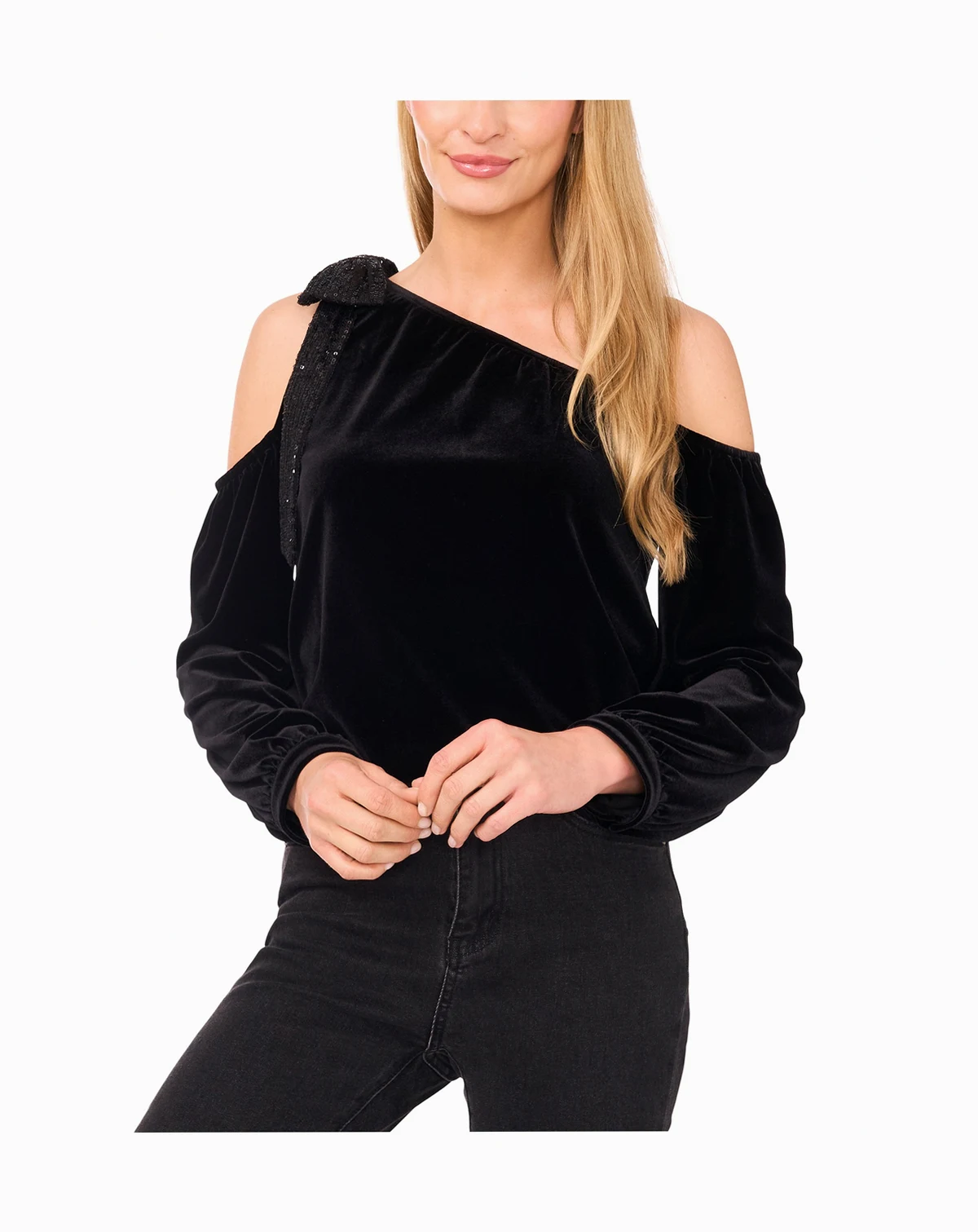 Women's Velvet One Shoulder with Sequin Bow Top
