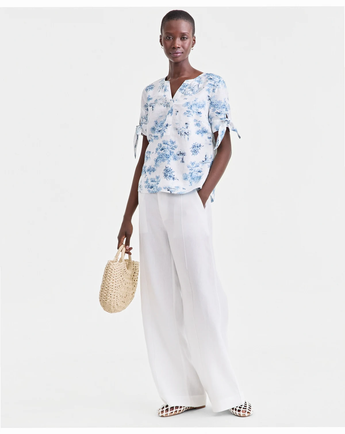 Women's 100% Linen Woven Vine Tie-Sleeve Top, Created for Macy's