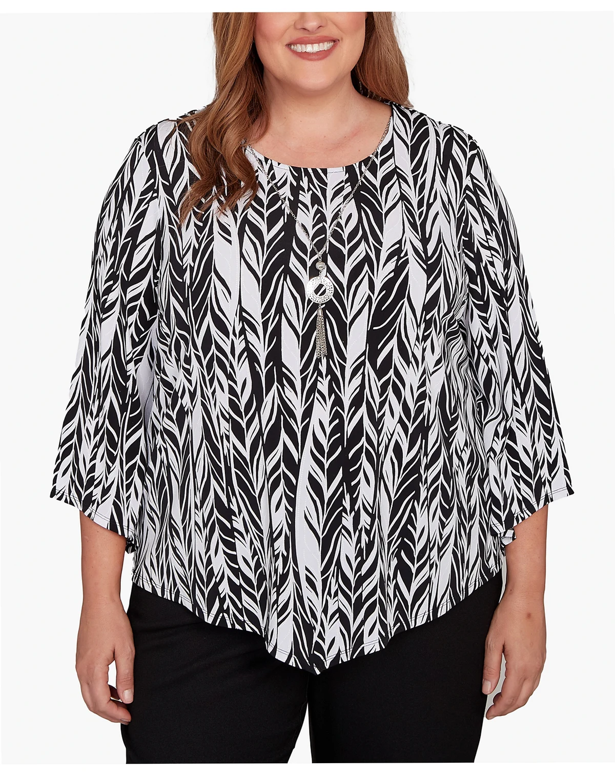 Plus Size Classic Puff Print Abstract Feather Crew Neck Top