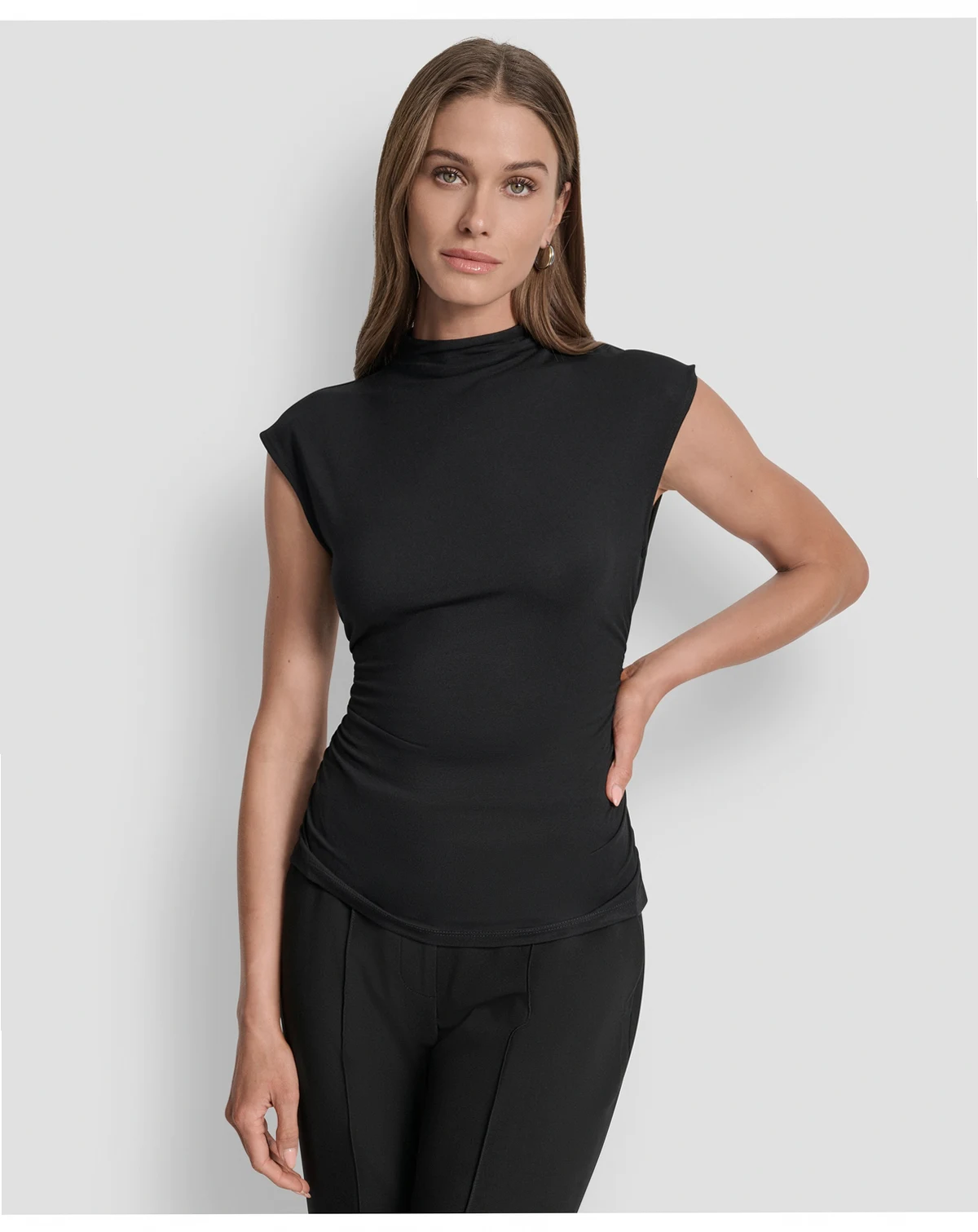 Petite Mock-Neck Sleeveless Side-ruched Knit Top