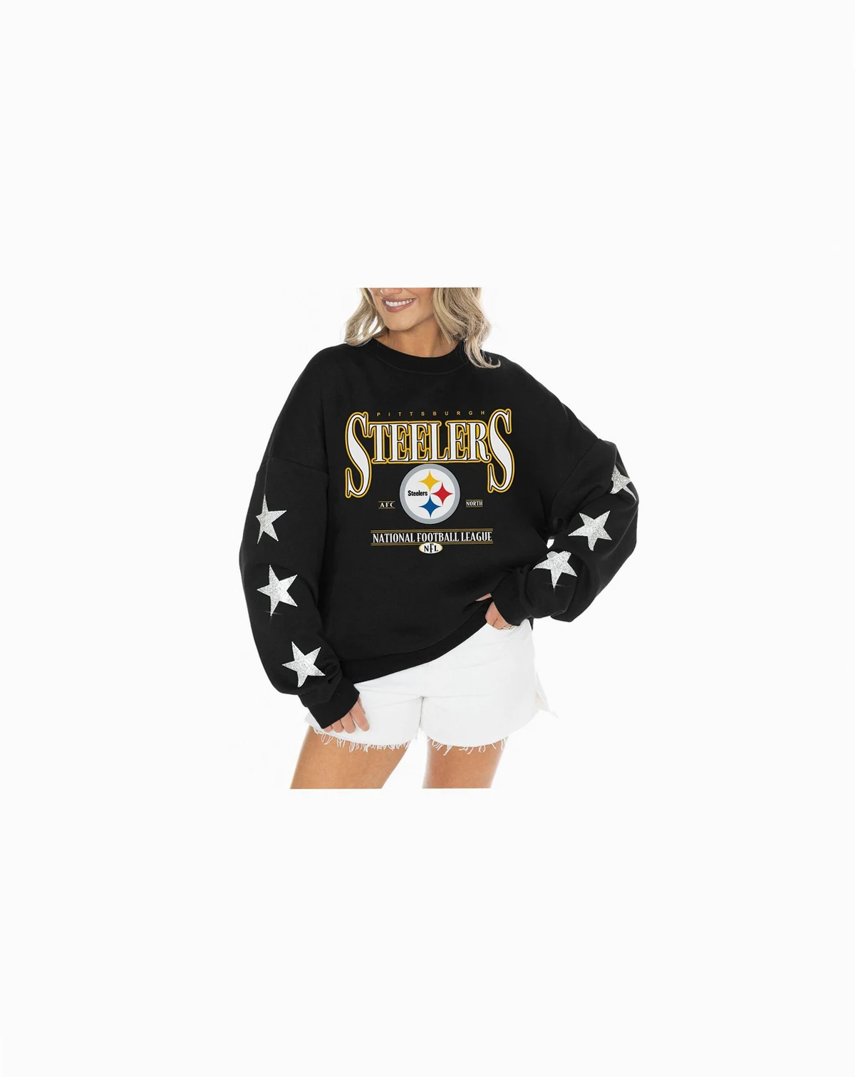 Women's Black Pittsburgh Steelers Rhinestone Star Sleeve Settle the Score Tri-Blend Pullover