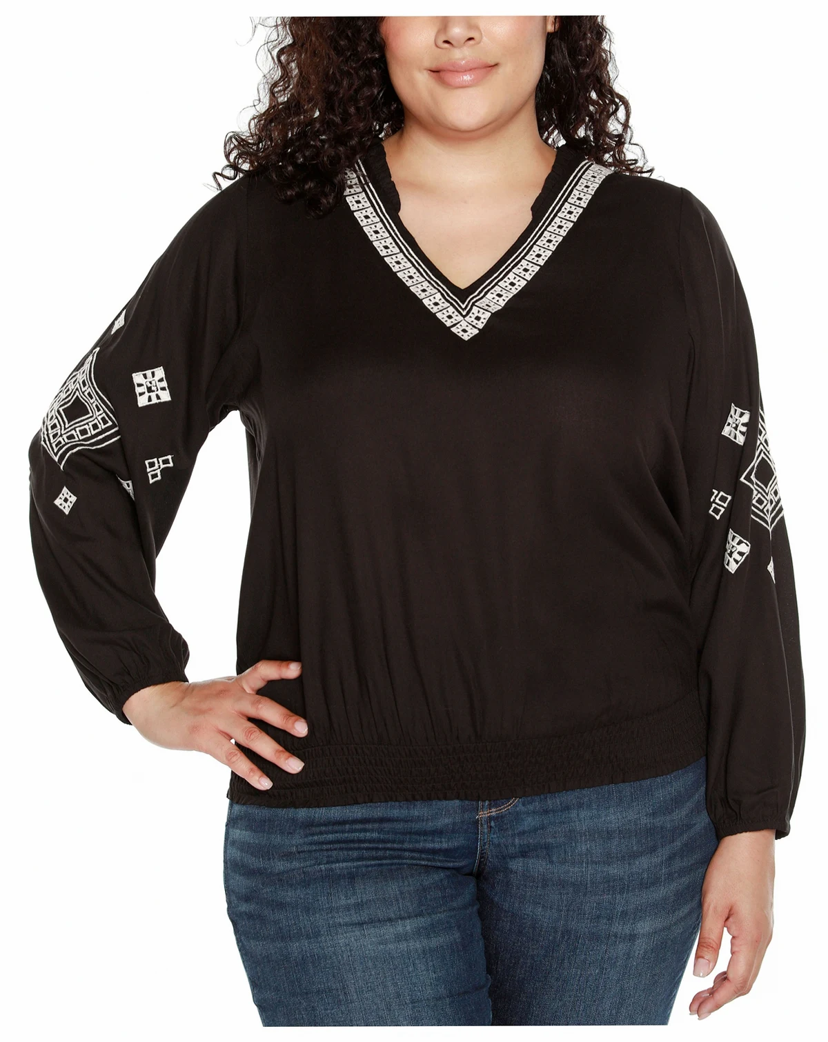 Black Label Plus Size Embroidered Blouson Sleeve V-Neck Blouse