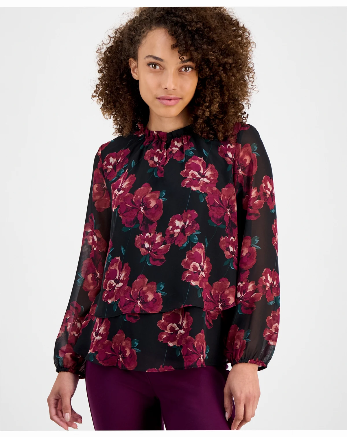 AK Anne Klein Petite Floral-Print Tiered Blouse