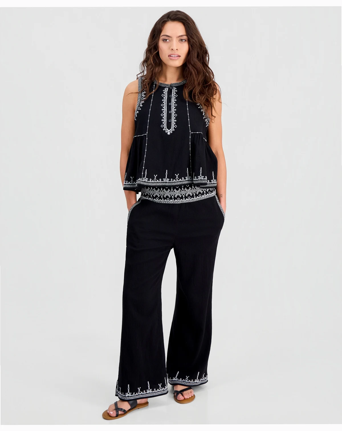 Petite Embroidered-Trim Wide-Leg Pants, Macy's Exclusive